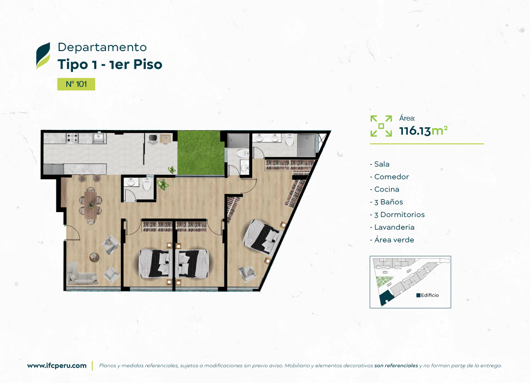 Plano y distribución del departamento tipo 1, primer piso, de Quinta Borverón