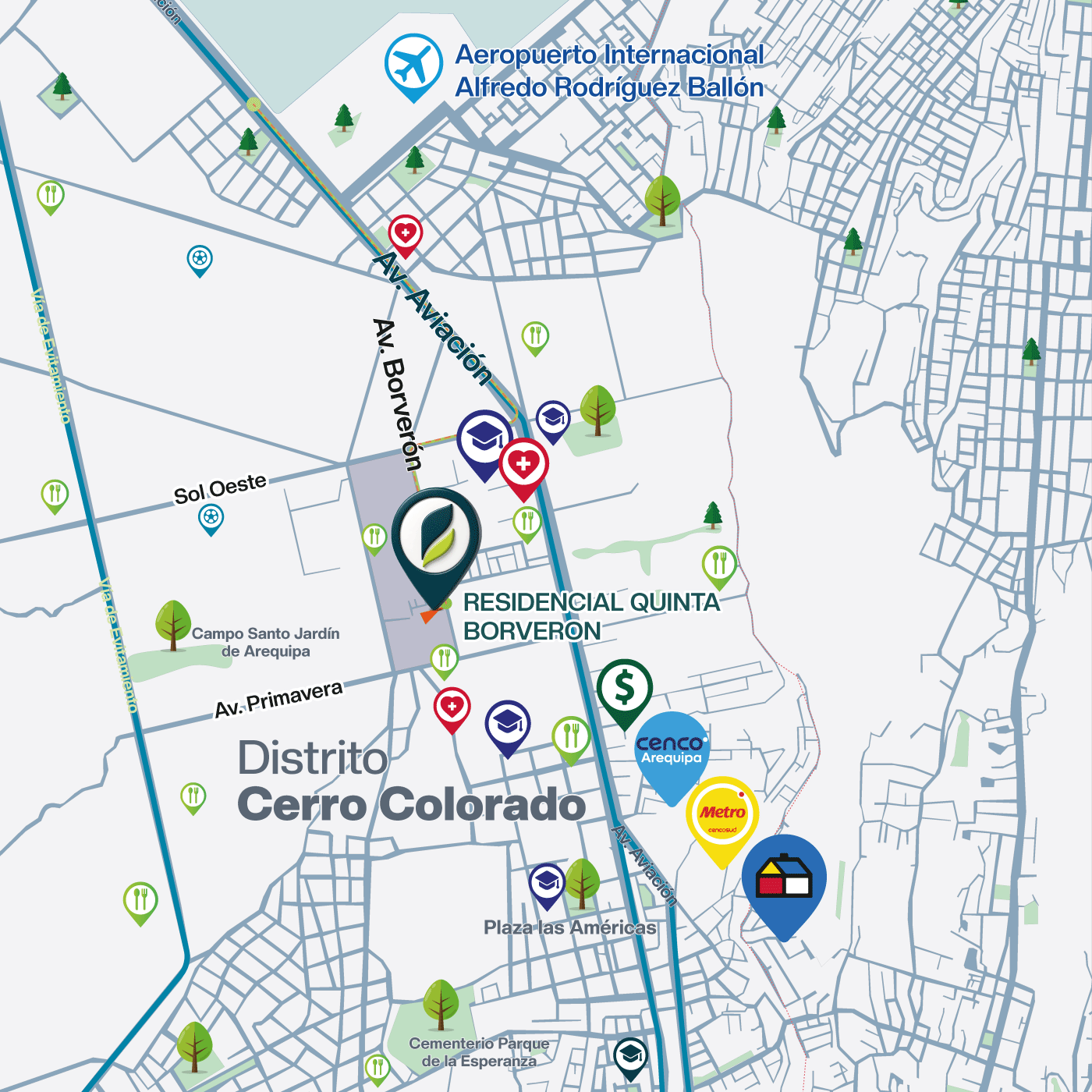 Mapa de ubicación de Residencial Quinta Borverón y puntos de interés de Cerro Colorado